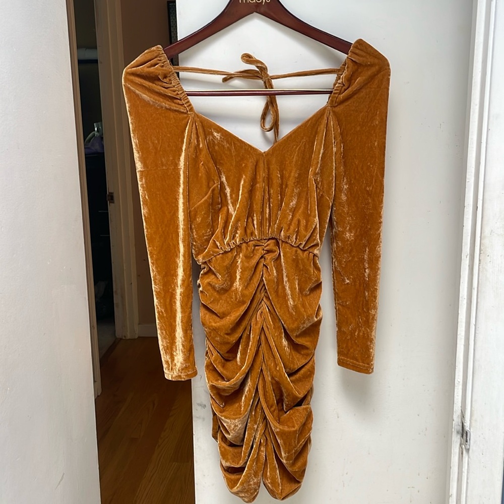 MINKPINK x Revolve Meknes Ruched Gold Bodycon Mini Dress Size S